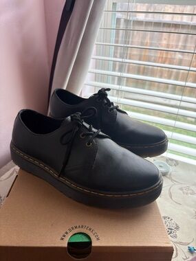 Dr. Martens Black Smooth Leather 3-Eye Derby with Yellow Stitching